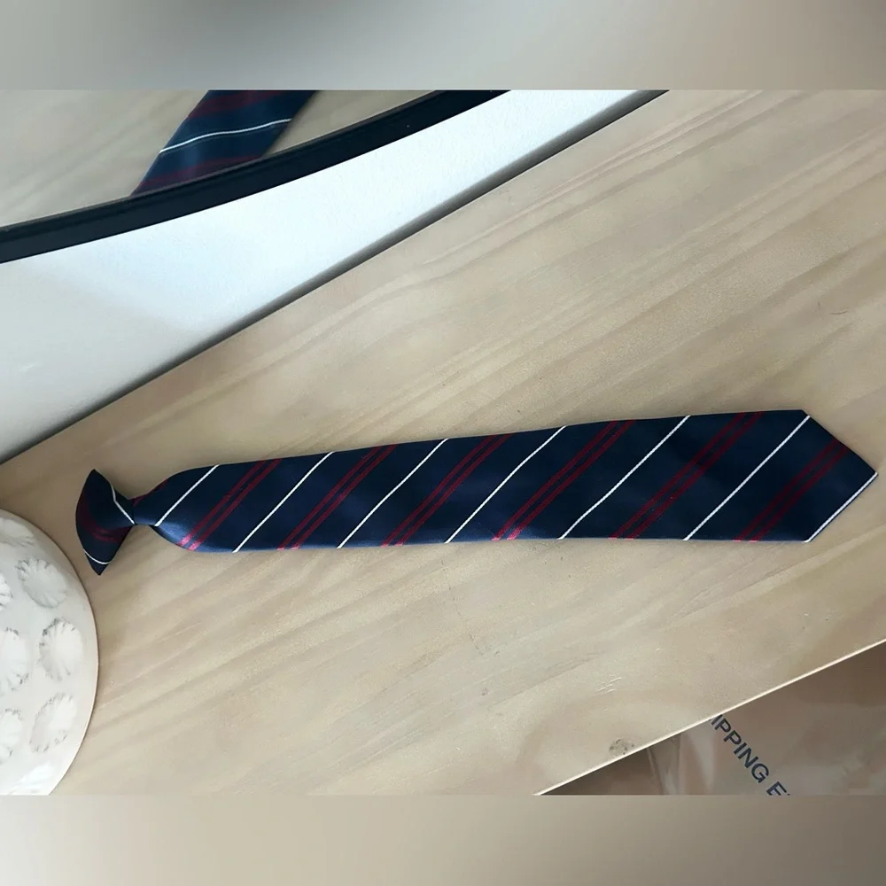 Striped Navy Red White Clip On Young Boys Tie